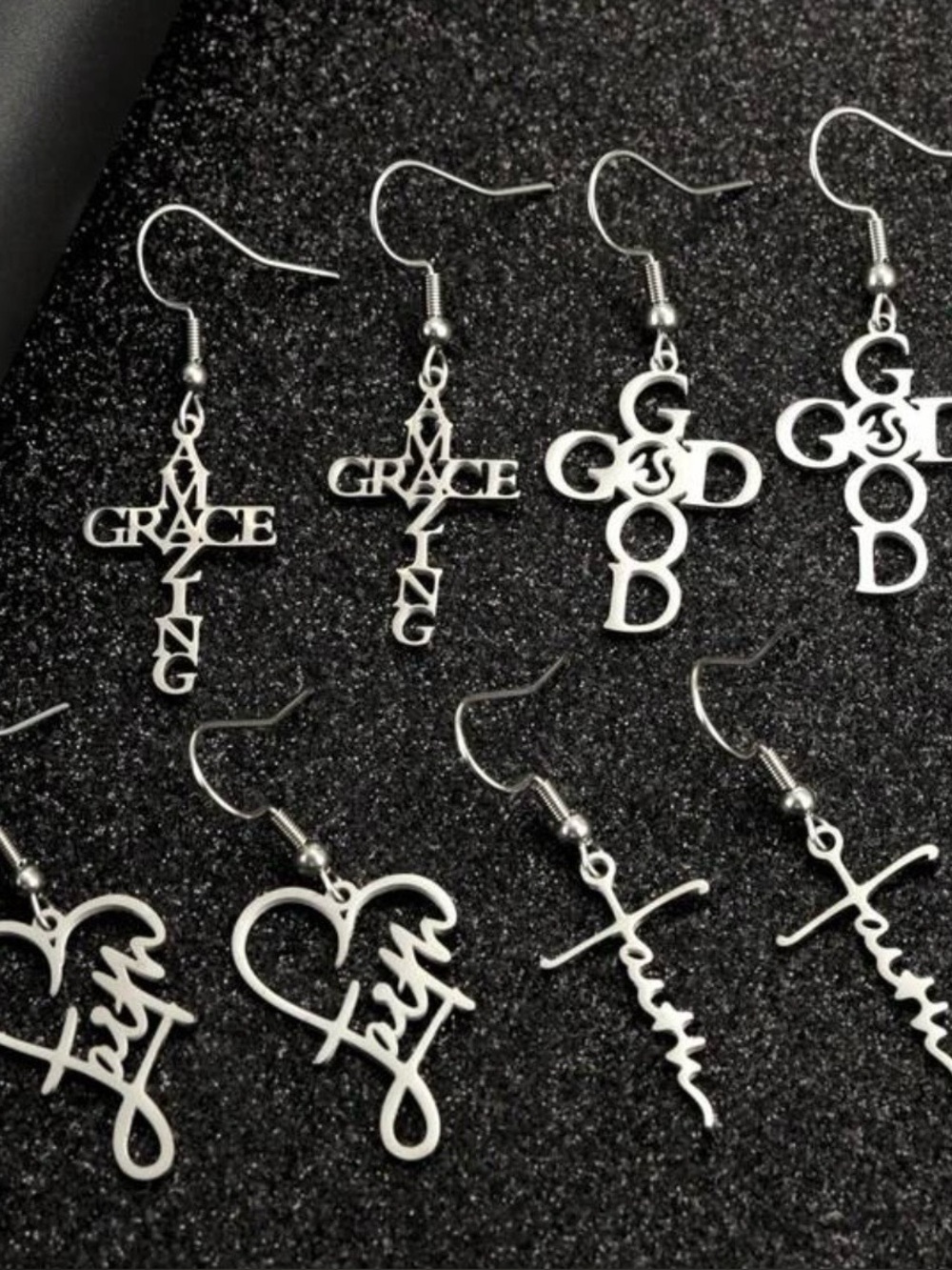 Silver Tone Cross and Charm Dangle Earrings Set